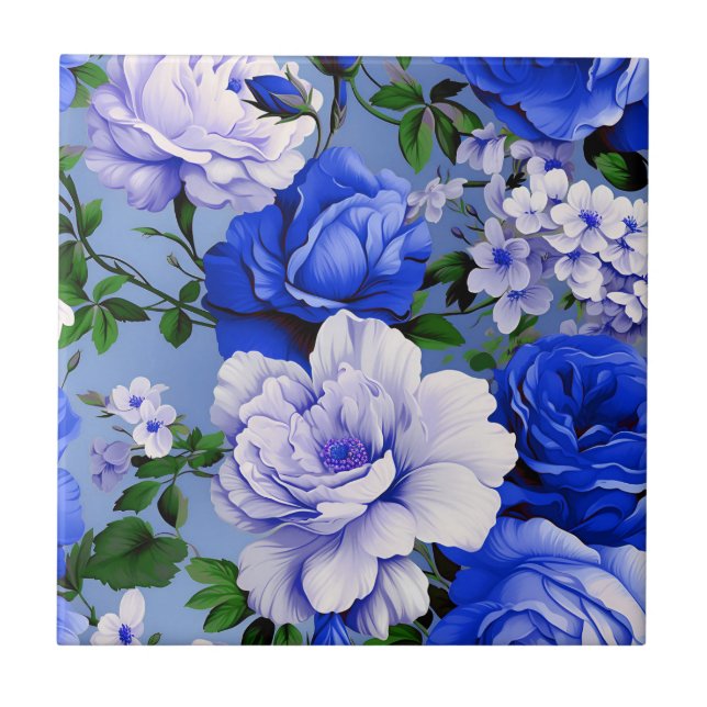 Azulejo Flor de Rosa azul retro grande (Frente)
