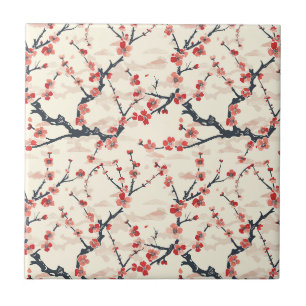 Azulejo Flor de Ume Rojo Coral Japonés Patrón de Onda de M