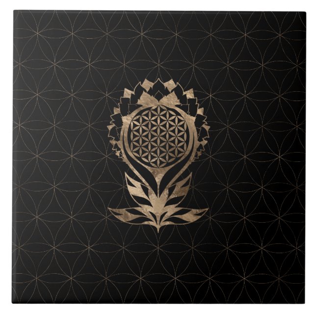 Azulejo Flor de vida Lotus - Negro y oro (Frente)