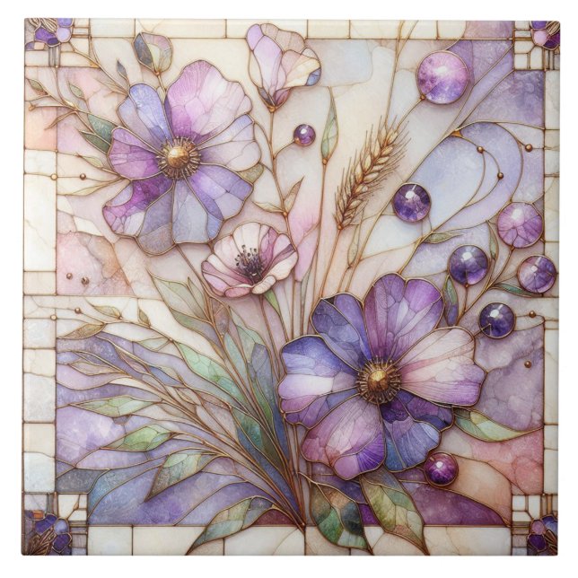 Azulejo Flor de violeta de vidrio emplomado (Frente)