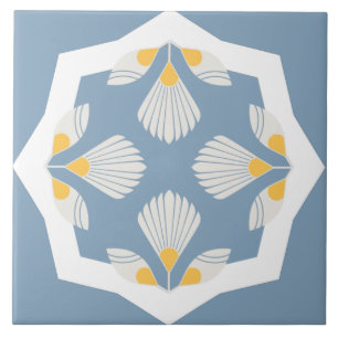 Azulejo Flor étnica geométrica amarilla y verde azulada