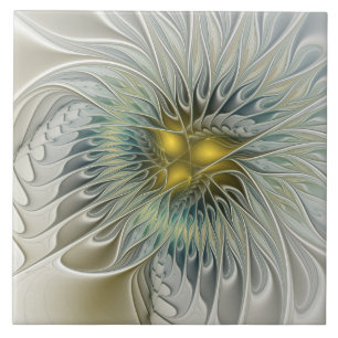 Azulejo Flor Fantasía Plateada Dorada Arte Fractal Abstrac