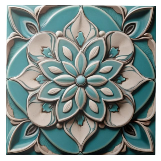 Azulejo Flor flor floral turquesa Verde azulada Faux Relie (Frente)
