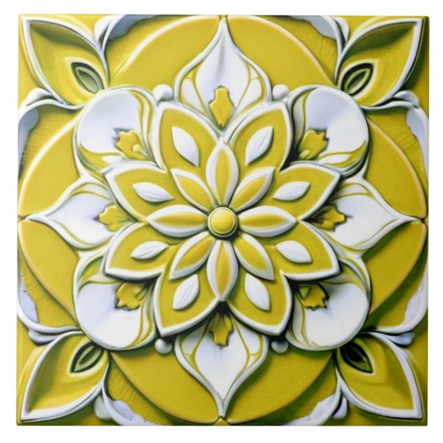Azulejo Flor floral amarilla y blanca de imitación (Frente)