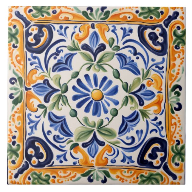 Azulejo Flor floral azul y amarilla mediterránea italiana (Frente)