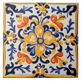 Azulejo Flor floral azul y amarilla mediterránea Siciliana