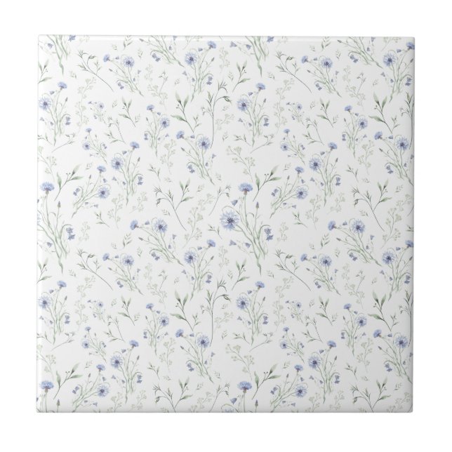 Azulejo Flor Floral de Flor Silvestre de Acuarela Azul Sal (Frente)