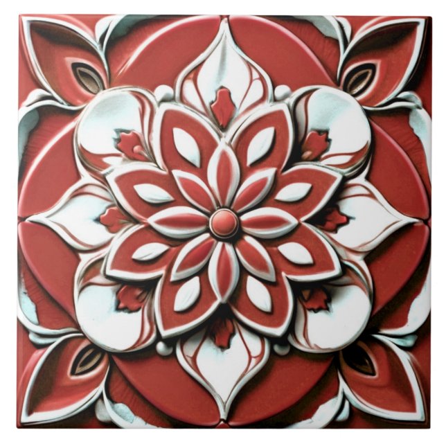 Azulejo Flor floral de negrita roja y blanca (Frente)