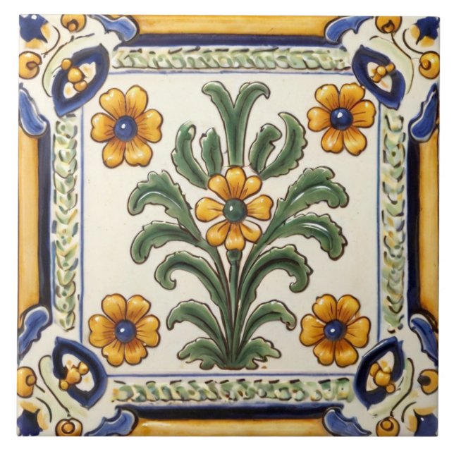 Azulejo Flor floral de país amarillo mediterráneo (Frente)