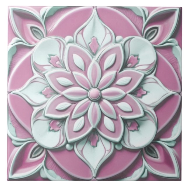 Azulejo Flor floral rosa y falsa blanca (Frente)