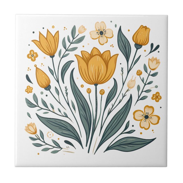 Azulejo Flor folclórica amarillo soleado (Frente)