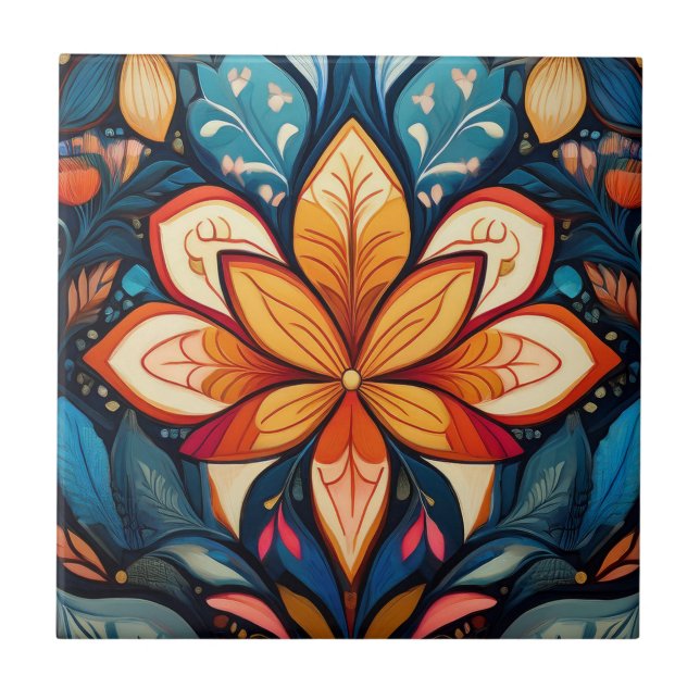 Azulejo Flor folk naranja (Frente)