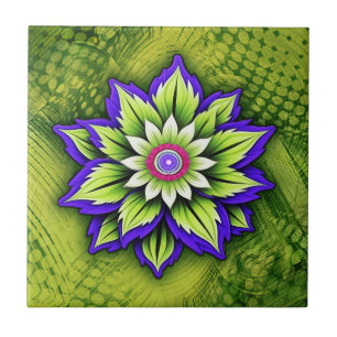 Azulejo Flor geométrica con pétalos púrpura y verde