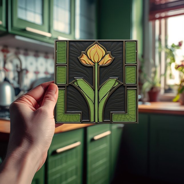Azulejo Flor geométrica tulipán amarillo a mediados del si (Subido por el creador)