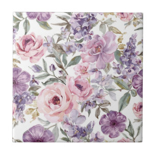 Azulejo Flor Lavanda Rosa Acuarela Flor Púrpura