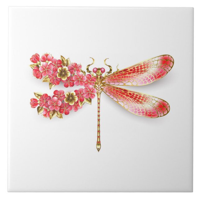 Azulejo Flor libélula con sakura de joyas (Frente)