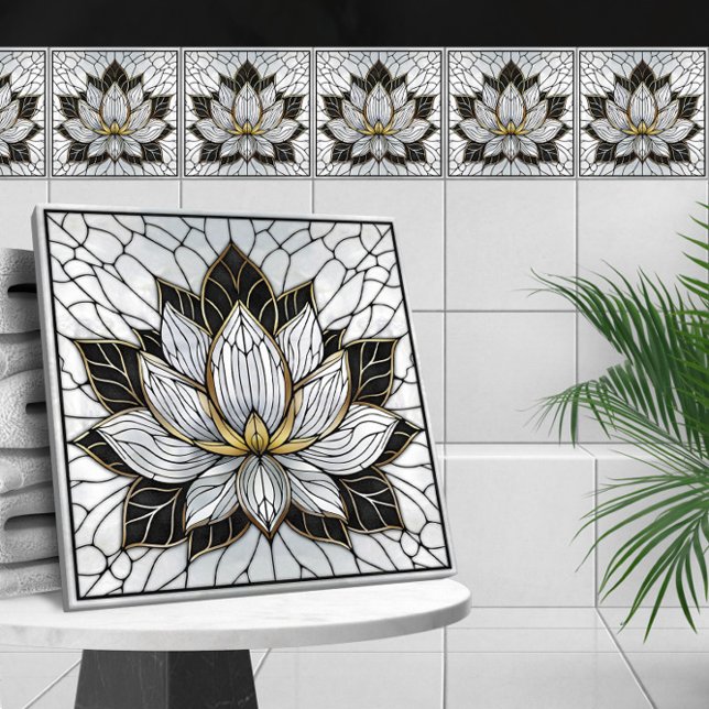 Azulejo Flor Lotus - Negro, Perla y Oro (Subido por el creador)