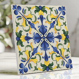 Azulejo Flor mediterránea azul y amarilla vibrante