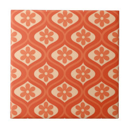 Azulejo Flor naranja retro de los 70 sobre patrón ogee