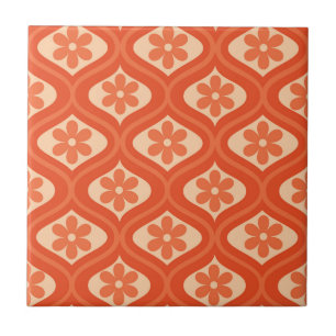 Azulejo Flor naranja retro de los 70 sobre patrón ogee