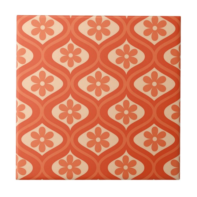 Azulejo Flor naranja retro de los 70 sobre patrón ogee (Frente)