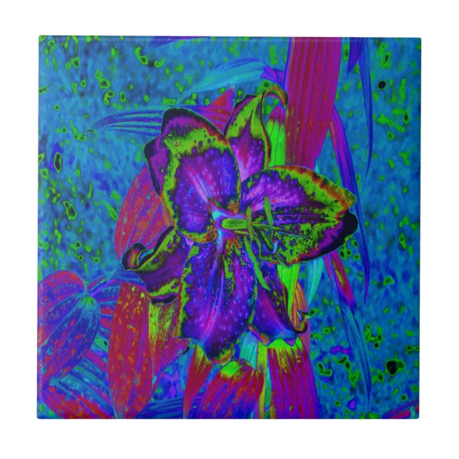 Azulejo Flor Psicodélica morada y lirio verde limón (Frente)