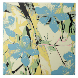 Azulejo flor retro azul y amarillo