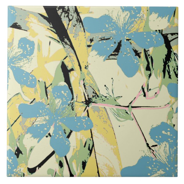 Azulejo flor retro azul y amarillo (Frente)