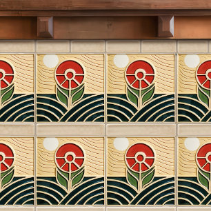 Azulejo Flor Roja Simetría de Artes y Oficios de Mitad de