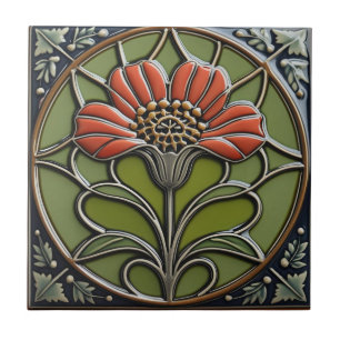 Azulejo Flor Roja Simetría de mediados de siglo Artes y Of