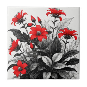 Azulejo Flor Roja Sobre La Planta Blanca Negra