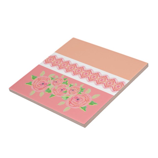 Azulejo Flor rosa acentuada y melocotón (Lado)