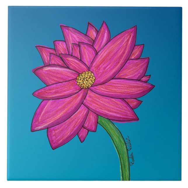 Azulejo Flor rosa fucsia con fondo azul (Frente)