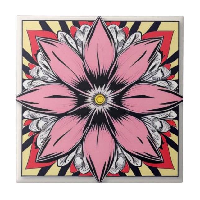 Azulejo Flor rosa y amarilla de estilo cómico Cerámica Til (Frente)