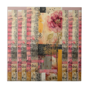 Azulejo Flor Rosa Y Notas De Música