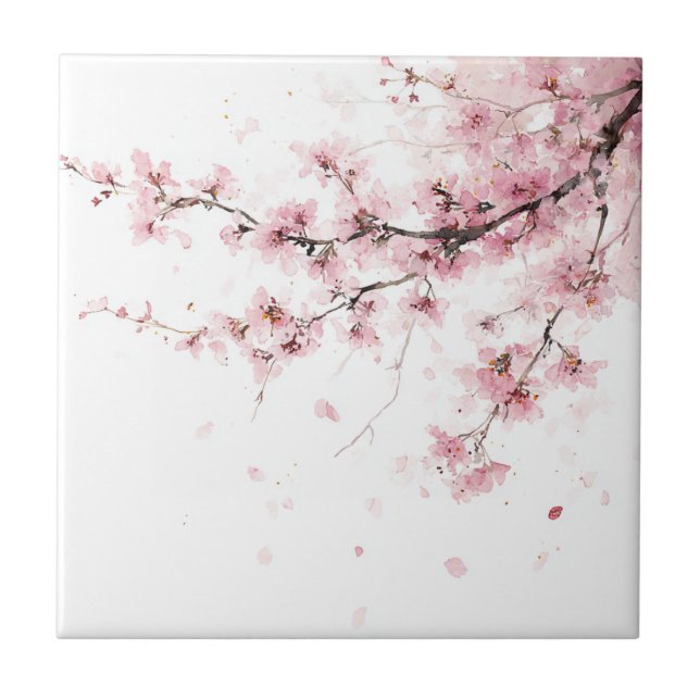 Azulejo Flor Sakura Flor de Cerezo Rosa Acuarela (Frente)