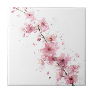 Azulejo Flor Sakura Flor de Cerezo Rosa Acuarela