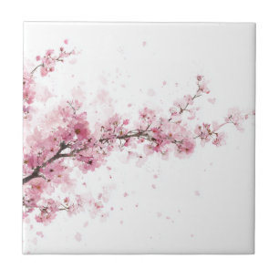 Azulejo Flor Sakura Flor de Cerezo Rosa en Acuarela