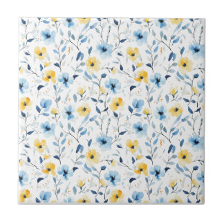 Azulejo Flor silvestre acuarela azul amarillo
