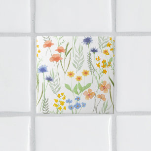 Azulejo Flor silvestre acuarela naranja amarillo azul