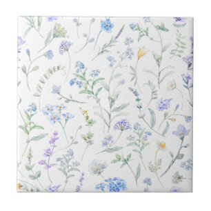 Azulejo Flor Silvestre Acuarela Púrpura Azul