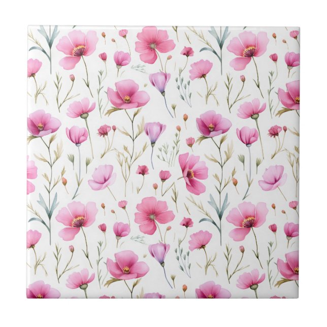 Azulejo Flor silvestre de acuarela rosa (Frente)