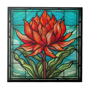 Azulejo Flor silvestre roja en vidrio manchado