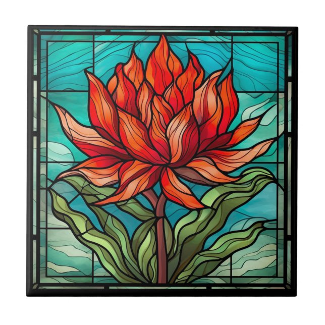 Azulejo Flor silvestre roja en vidrio manchado (Frente)
