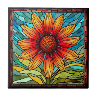 Azulejo Flor silvestre roja y amarilla en vidrio manchado