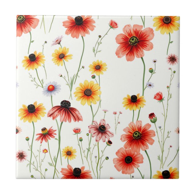 Azulejo Flor silvestre romántica con cachorros y daisias (Frente)