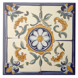 Azulejo Flor simple Flor Mediterráneo Azul Crema Floral