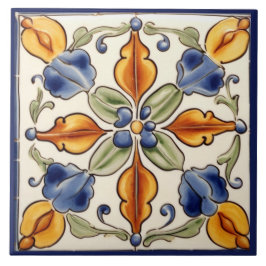 Azulejo Flor simple Flor Mediterráneo Azul Crema Floral