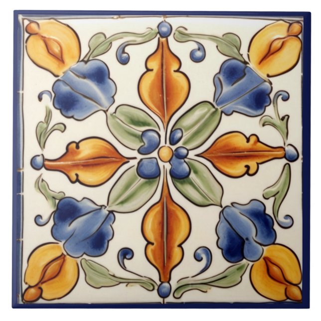 Azulejo Flor simple Flor Mediterráneo Azul Crema Floral (Frente)