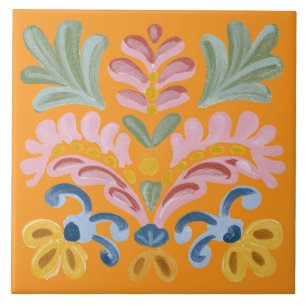 Azulejo Flor Tropical Naranja Única